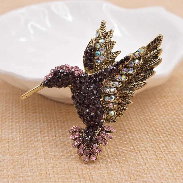 Hummingbird in Flight Rhinestone Brooches