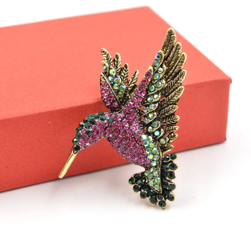 Hummingbird in Flight Rhinestone Brooches