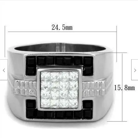 Jewellery Kingdom Mens Cz Signet Stainless Steel Silver Clear Square Cuts Classy Ring (Black)
