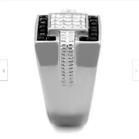 Jewellery Kingdom Mens Cz Signet Stainless Steel Silver Clear Square Cuts Classy Ring (Black)