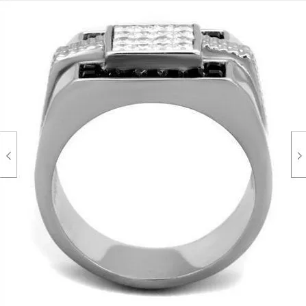 Jewellery Kingdom Mens Cz Signet Stainless Steel Silver Clear Square Cuts Classy Ring (Black)
