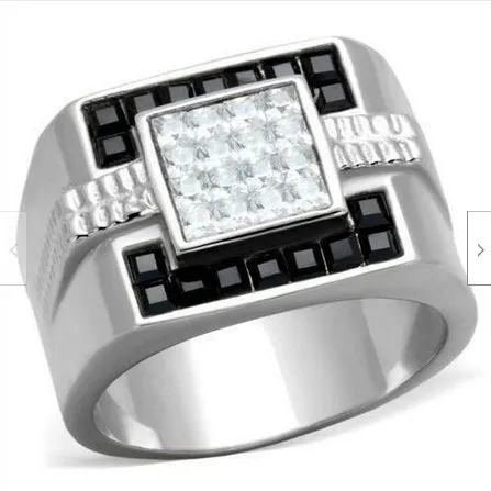 Jewellery Kingdom Mens Cz Signet Stainless Steel Silver Clear Square Cuts Classy Ring (Black)