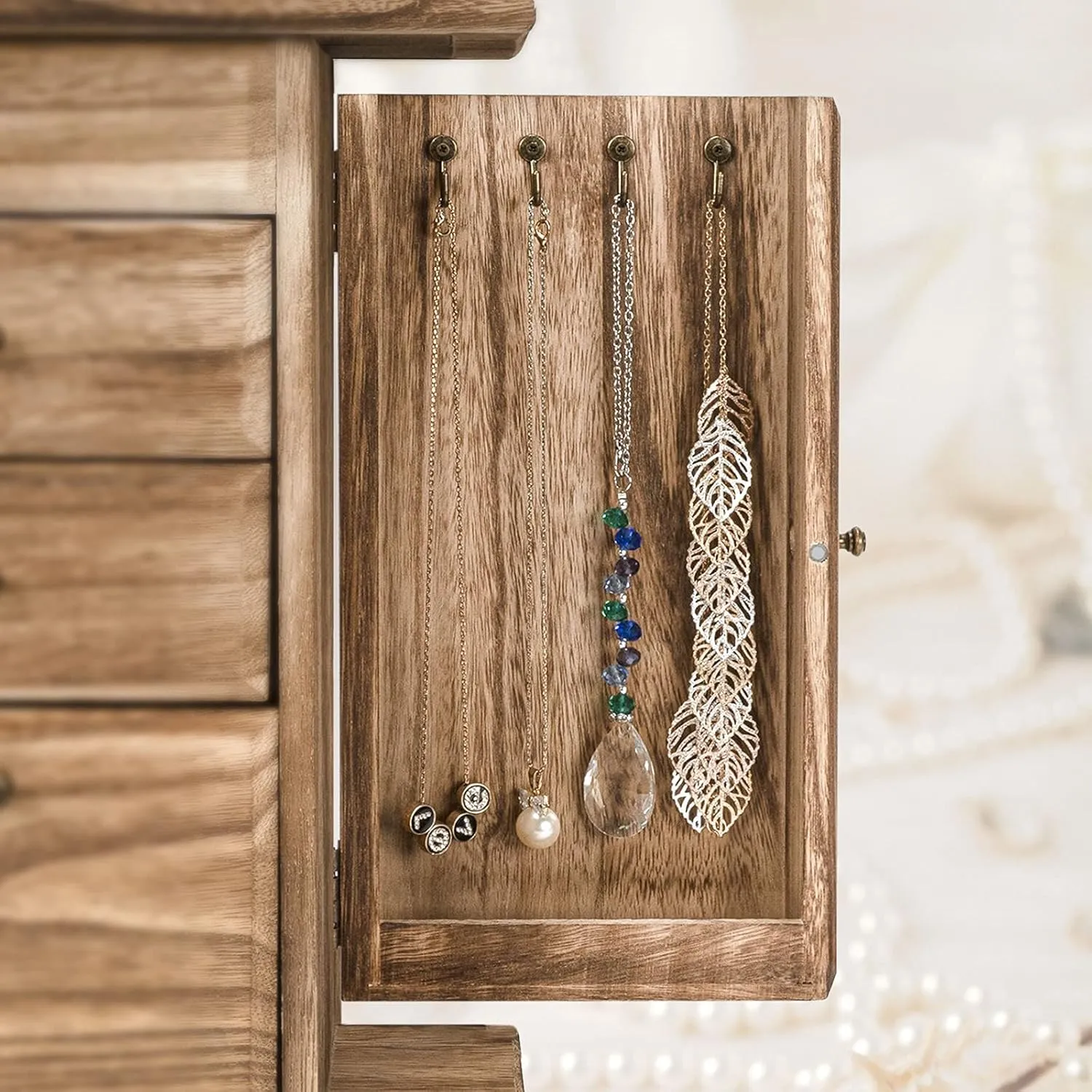Jewelry Box for Women, Rustic Wooden Jewelry Boxes & Organizers with Mirror, 4 Layer Jewelry Organizer Box Display for Rings Earrings Necklaces Bracelets (Rustic Brown)