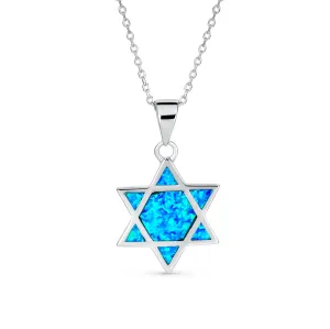 Judaic White Blue Opal Star Of David Pendant Necklace Bat Mitzvah Sterling Silver