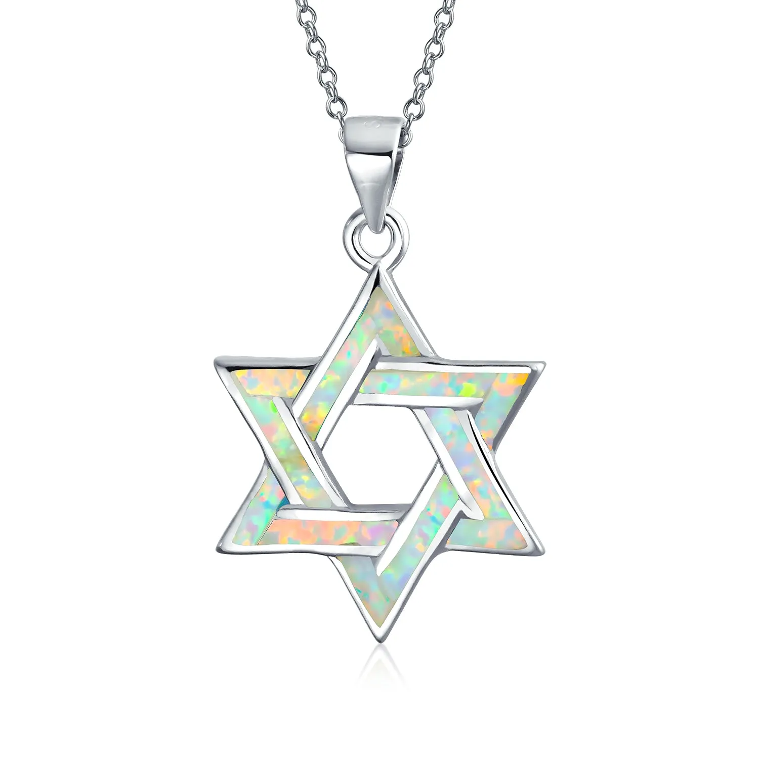 Judaic White Blue Opal Star Of David Pendant Necklace Bat Mitzvah Sterling Silver