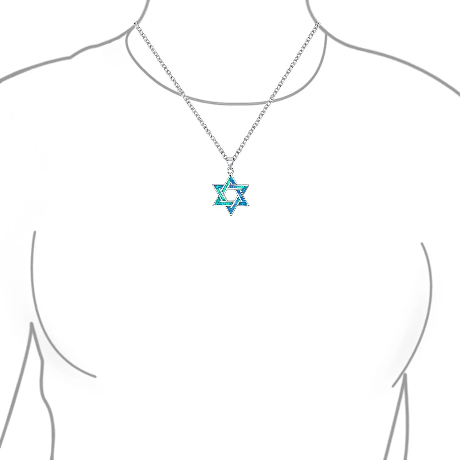 Judaic White Blue Opal Star Of David Pendant Necklace Bat Mitzvah Sterling Silver