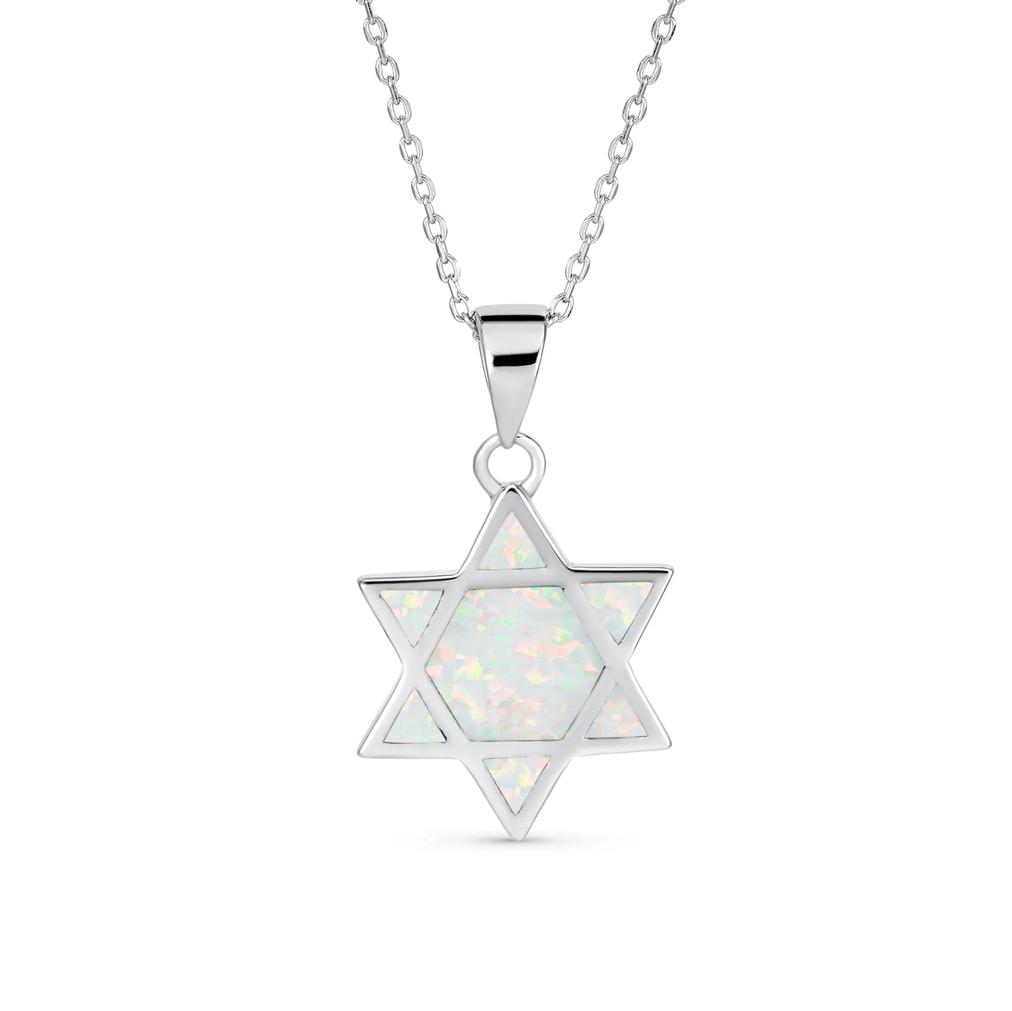 Judaic White Blue Opal Star Of David Pendant Necklace Bat Mitzvah Sterling Silver
