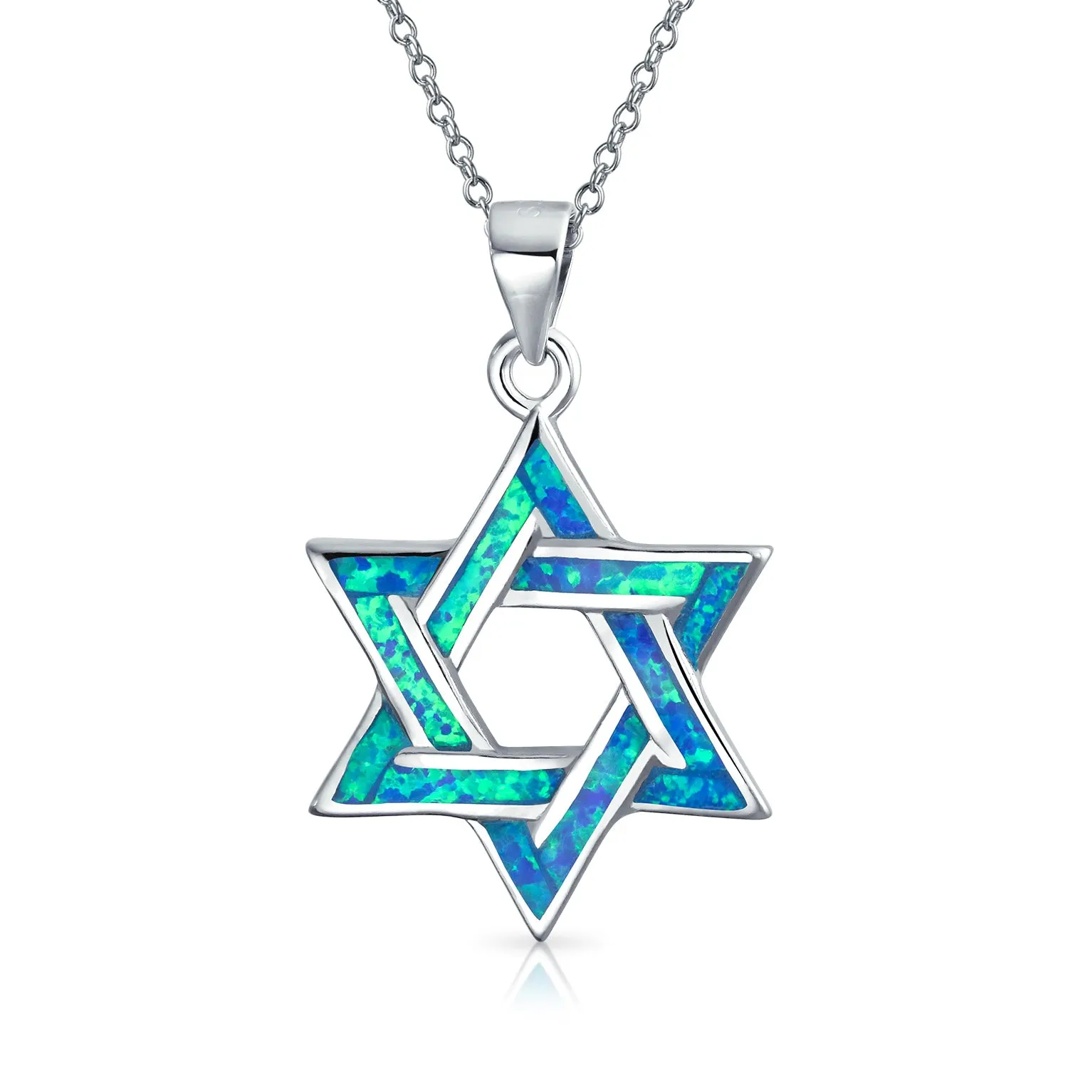 Judaic White Blue Opal Star Of David Pendant Necklace Bat Mitzvah Sterling Silver