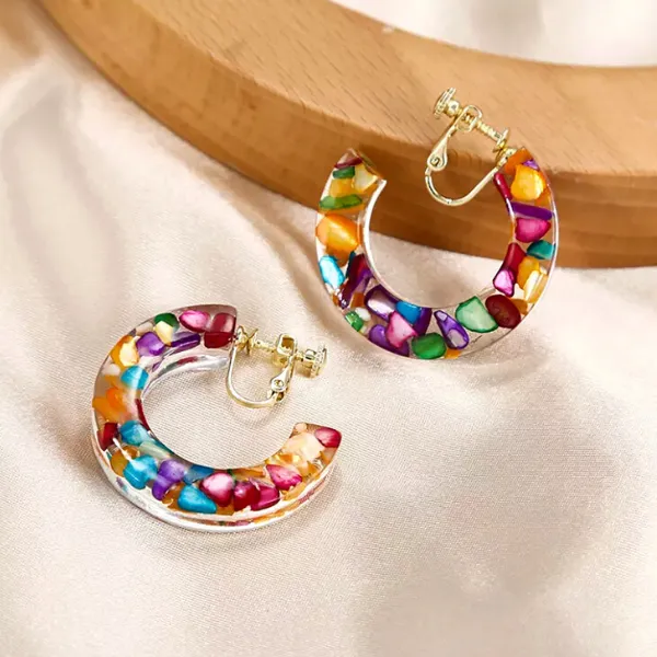 Kaleidoscopic Colorful Pebble Resin C-Shape Clip On Hoop Earrings