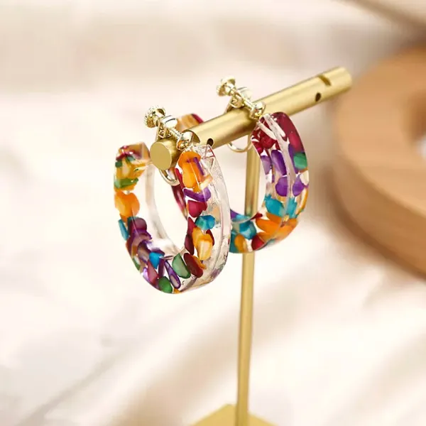 Kaleidoscopic Colorful Pebble Resin C-Shape Clip On Hoop Earrings