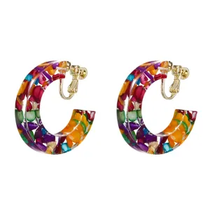 Kaleidoscopic Colorful Pebble Resin C-Shape Clip On Hoop Earrings