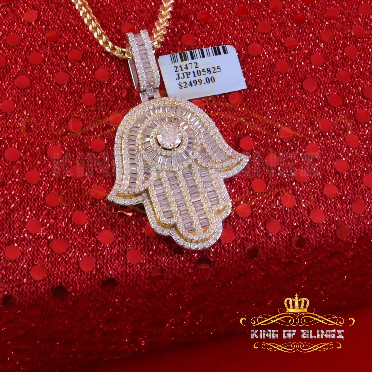 King Of Bling's Baggutte 8.0ct VVS D Moissanite Yellow Silver Charm Hamsa Pendant Men's & Women