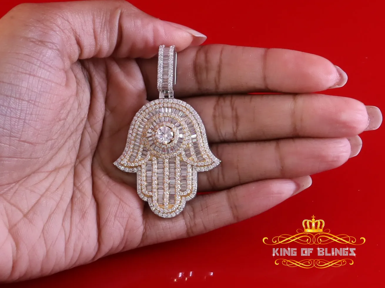 King Of Bling's Baggutte 8.0ct VVS D Moissanite Yellow Silver Charm Hamsa Pendant Men's & Women