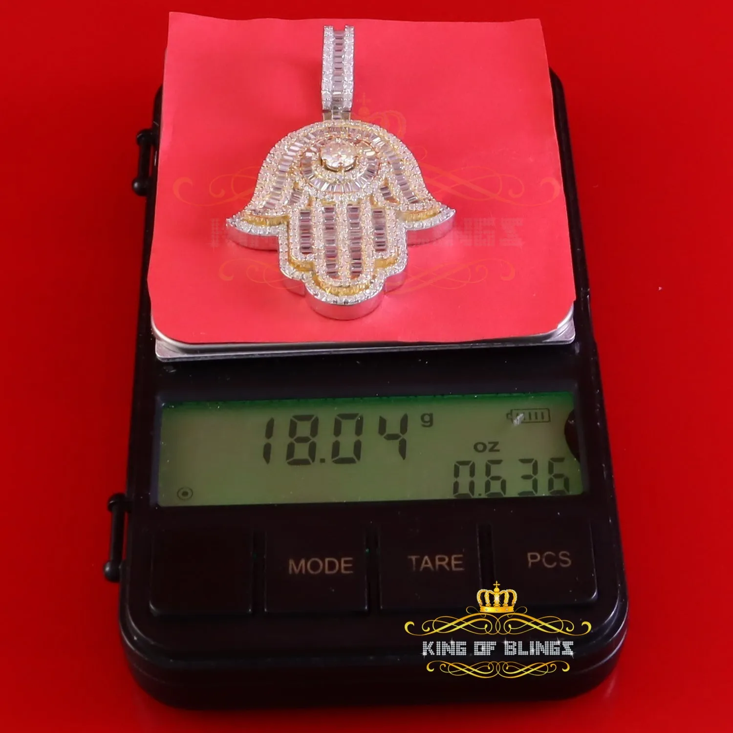 King Of Bling's Baggutte 8.0ct VVS D Moissanite Yellow Silver Charm Hamsa Pendant Men's & Women