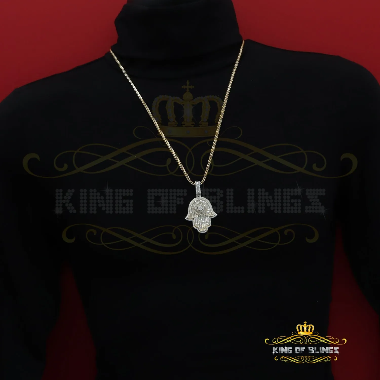 King Of Bling's Baggutte 8.0ct VVS D Moissanite Yellow Silver Charm Hamsa Pendant Men's & Women