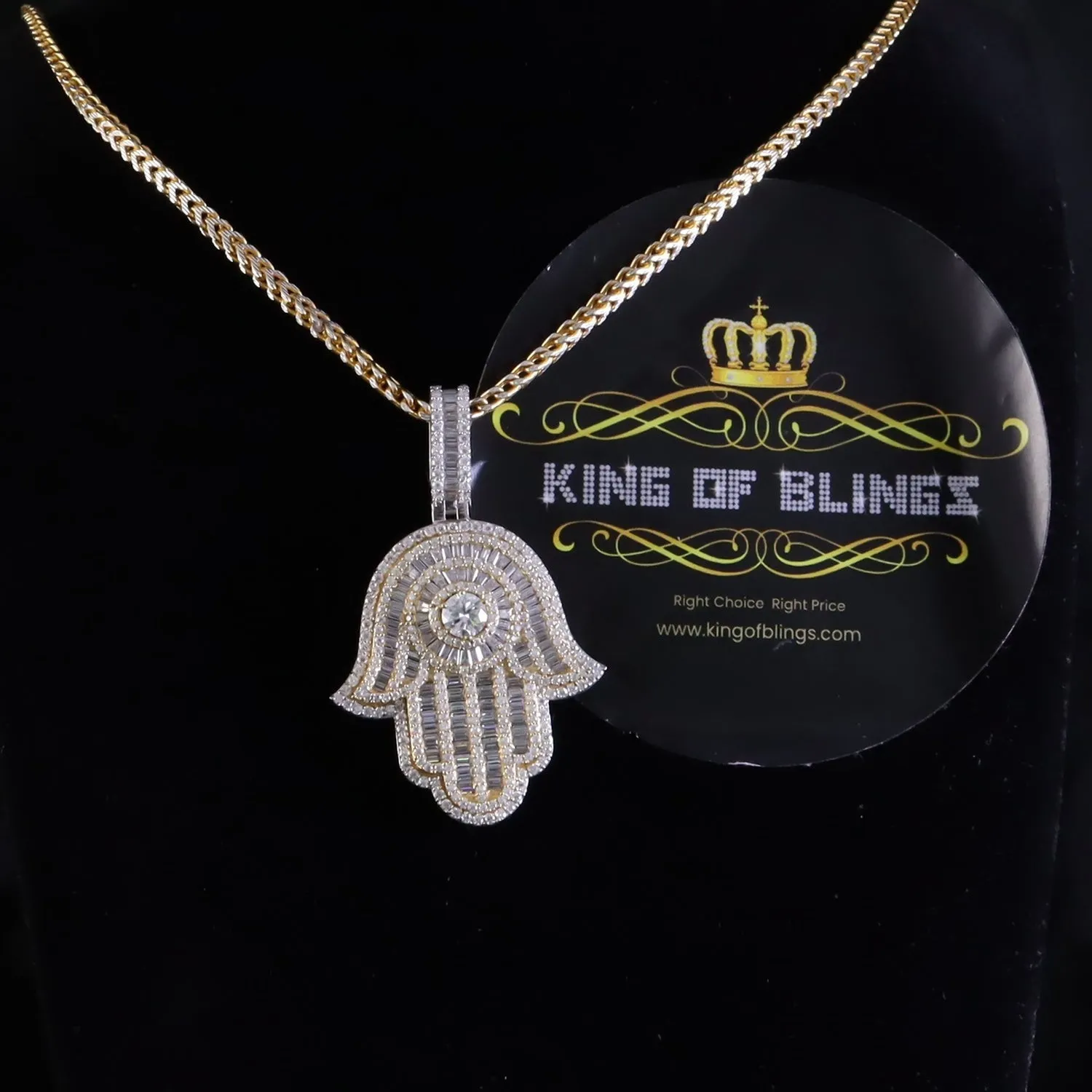 King Of Bling's Baggutte 8.0ct VVS D Moissanite Yellow Silver Charm Hamsa Pendant Men's & Women