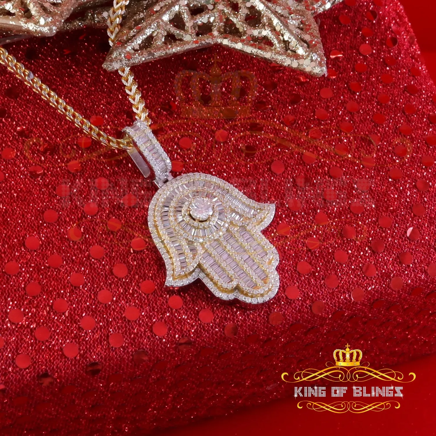 King Of Bling's Baggutte 8.0ct VVS D Moissanite Yellow Silver Charm Hamsa Pendant Men's & Women