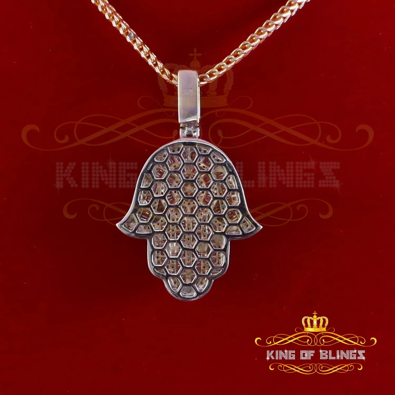 King Of Bling's Baggutte 8.0ct VVS D Moissanite Yellow Silver Charm Hamsa Pendant Men's & Women