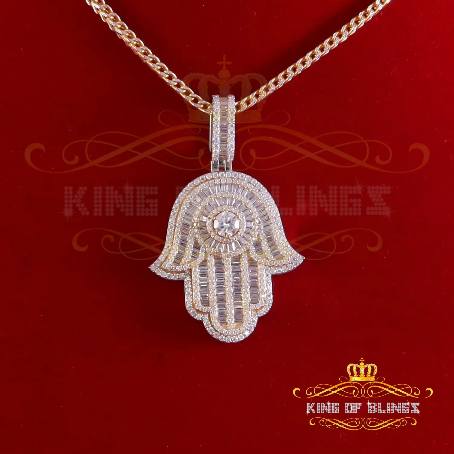 King Of Bling's Baggutte 8.0ct VVS D Moissanite Yellow Silver Charm Hamsa Pendant Men's & Women