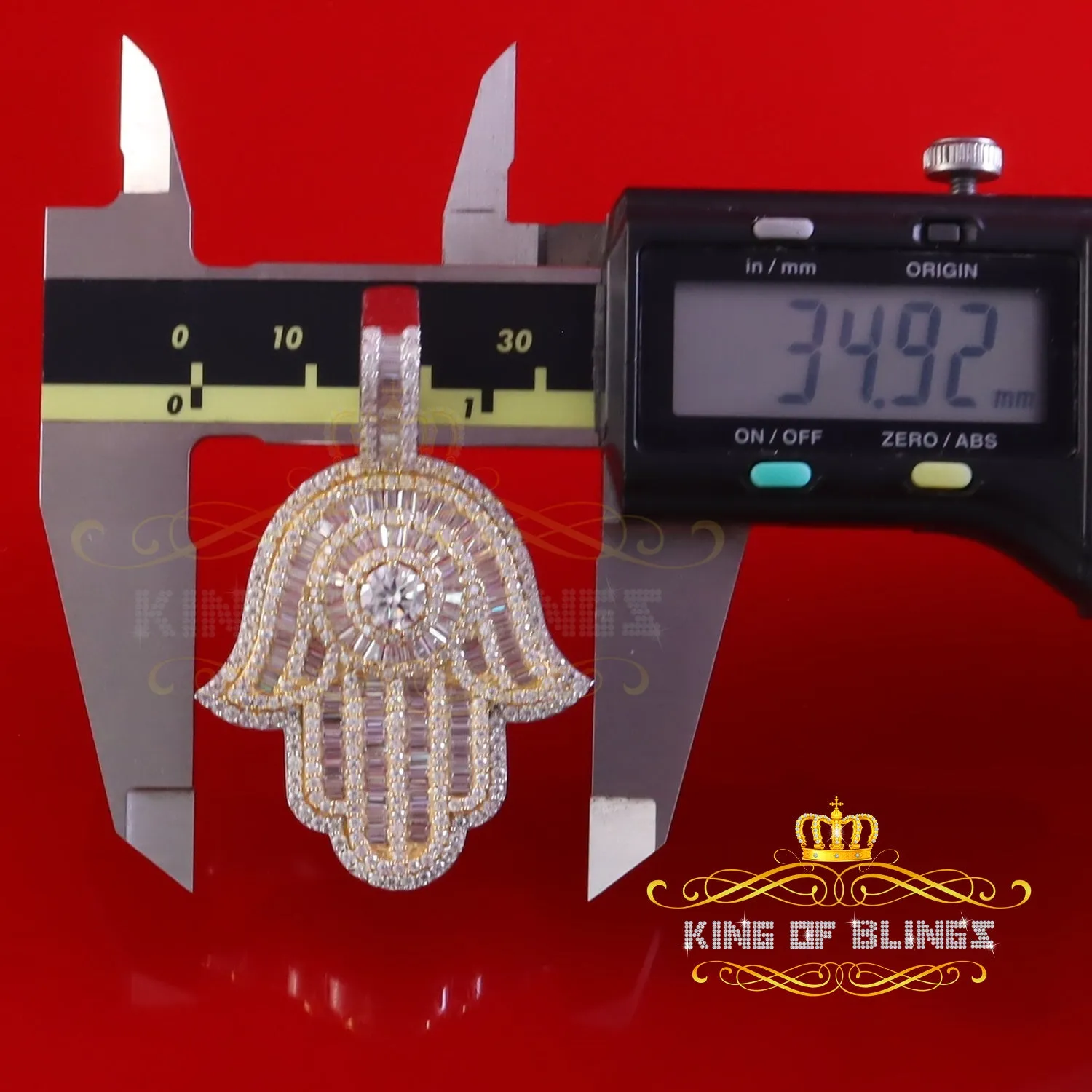 King Of Bling's Baggutte 8.0ct VVS D Moissanite Yellow Silver Charm Hamsa Pendant Men's & Women