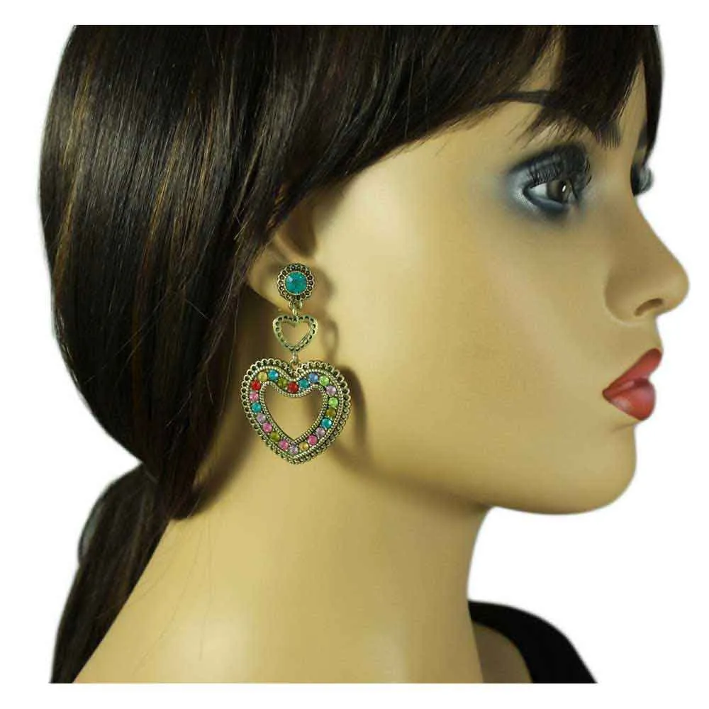 Large Colorful Crystals Heart Dangling Pierced Earring - REC558