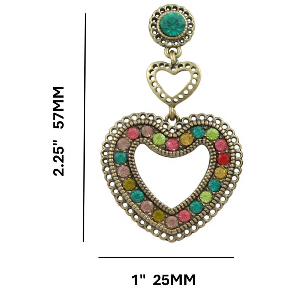 Large Colorful Crystals Heart Dangling Pierced Earring - REC558