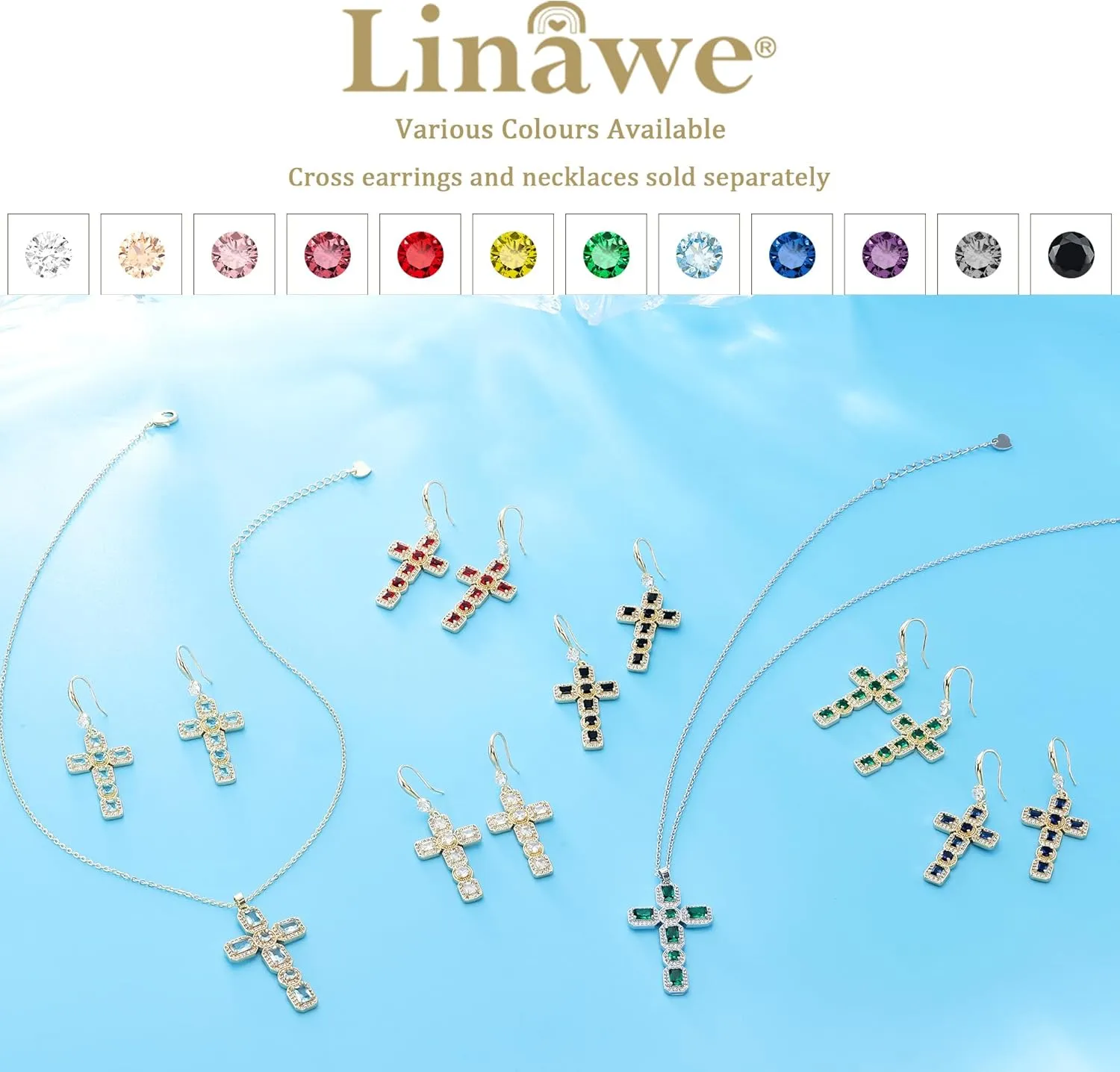 Linawe Cross Dangle Earrings for Women, Hypoallergenic Imitation Diamond Rhinestone Earrings, 14K Gold/Silver/Rose Gold Cubic Zirconia Cross Dangling Drop Earrings