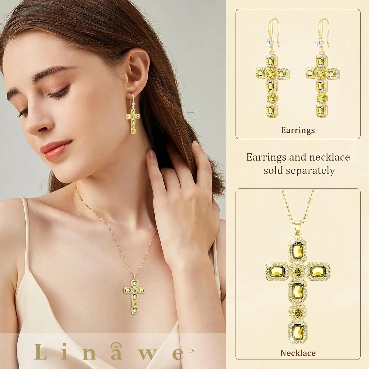 Linawe Cross Dangle Earrings for Women, Hypoallergenic Imitation Diamond Rhinestone Earrings, 14K Gold/Silver/Rose Gold Cubic Zirconia Cross Dangling Drop Earrings