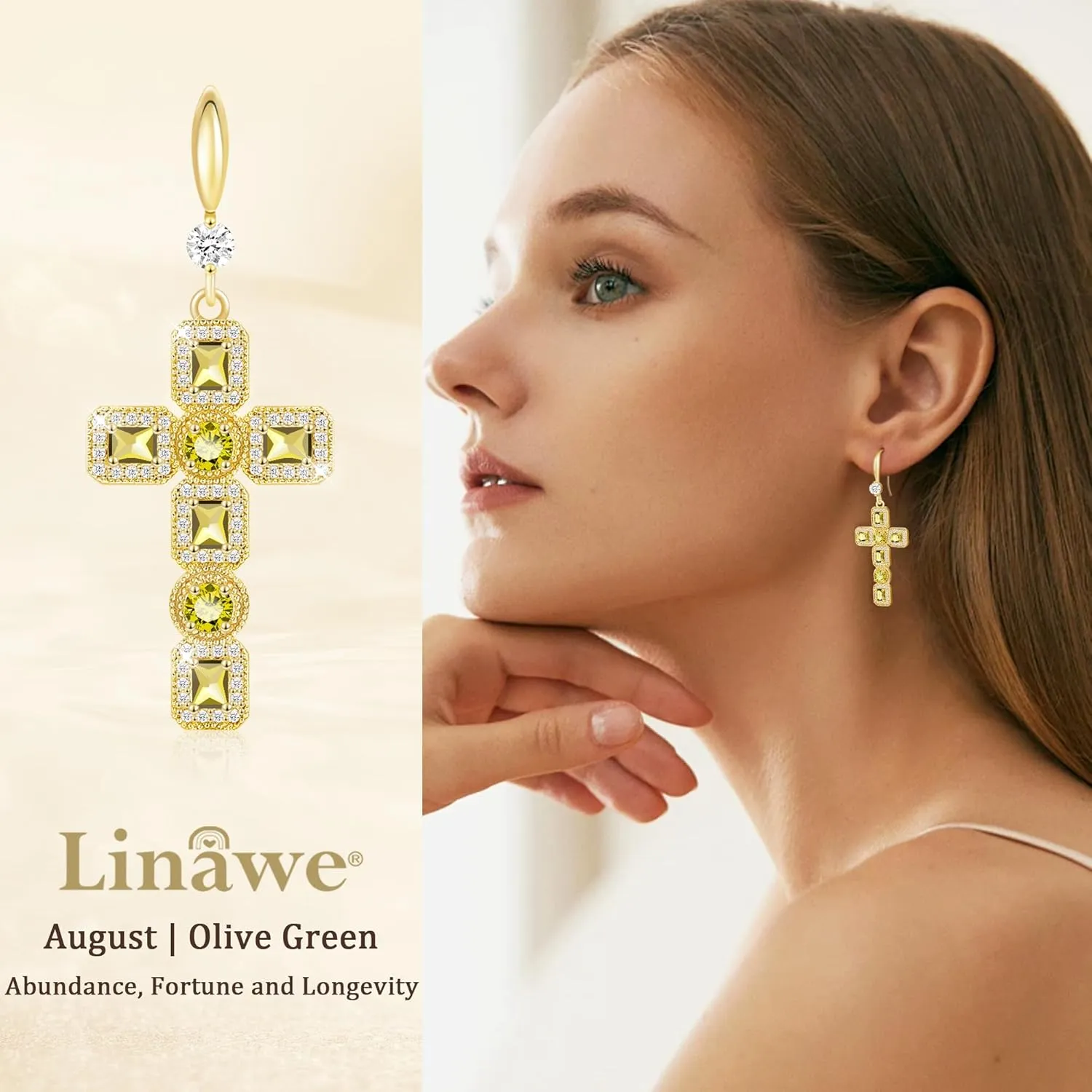 Linawe Cross Dangle Earrings for Women, Hypoallergenic Imitation Diamond Rhinestone Earrings, 14K Gold/Silver/Rose Gold Cubic Zirconia Cross Dangling Drop Earrings