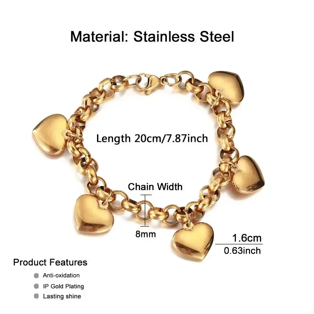LOVCIA Gold-Plated Stainless Steel Heart Charm Durable Bracelet for Women