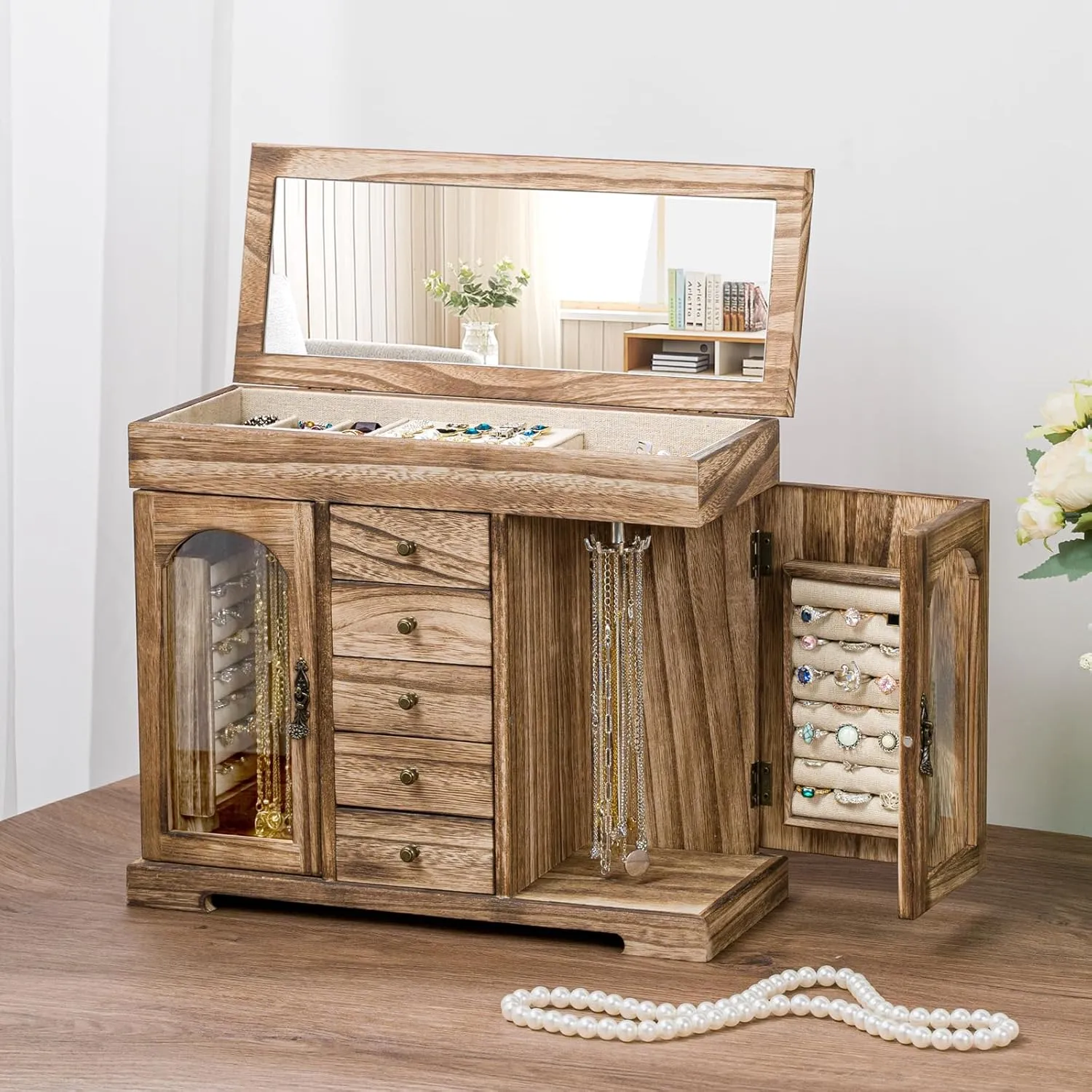 Miratino Jewelry Box for Women Girls, Rustic Wooden Jewelry Organizer Box with Mirror, 5 Layer Jewelry Storage Case Display for Necklaces Earrings Rings Bracelets Valentine's Day Gifts