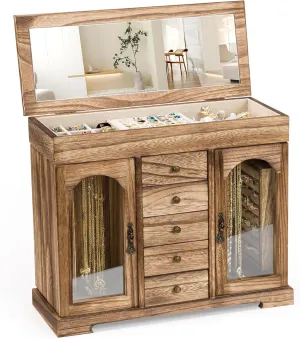 Miratino Jewelry Box for Women Girls, Rustic Wooden Jewelry Organizer Box with Mirror, 5 Layer Jewelry Storage Case Display for Necklaces Earrings Rings Bracelets Valentine's Day Gifts