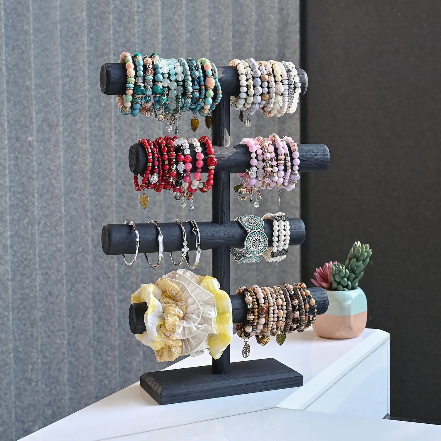 MOOCA 4-Tier Wooden Jewelry Display, Jewelry Stand, Bracelets, Necklaces, Watches, Bangles Holder Stand, Accessory Display Storage Organizer, Black Color