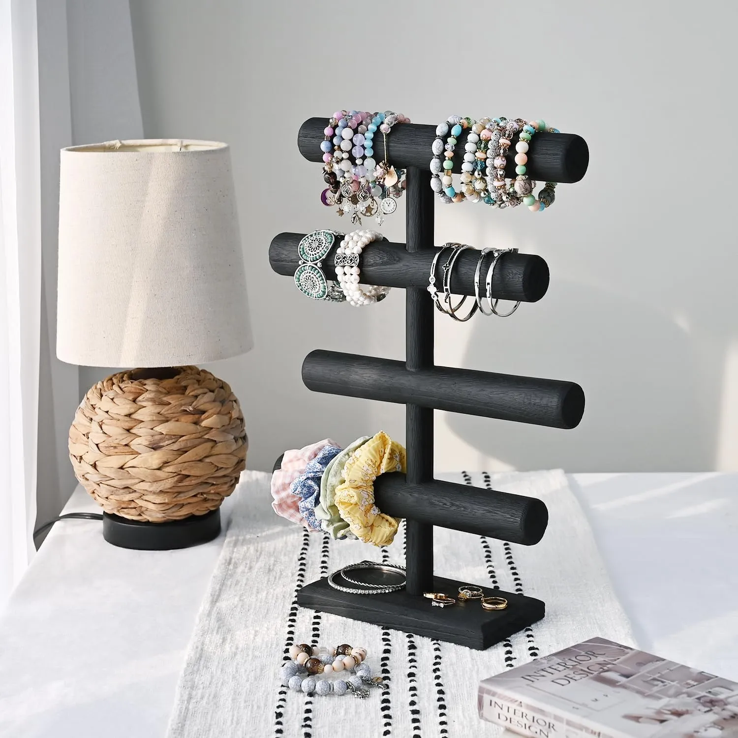 MOOCA 4-Tier Wooden Jewelry Display, Jewelry Stand, Bracelets, Necklaces, Watches, Bangles Holder Stand, Accessory Display Storage Organizer, Black Color