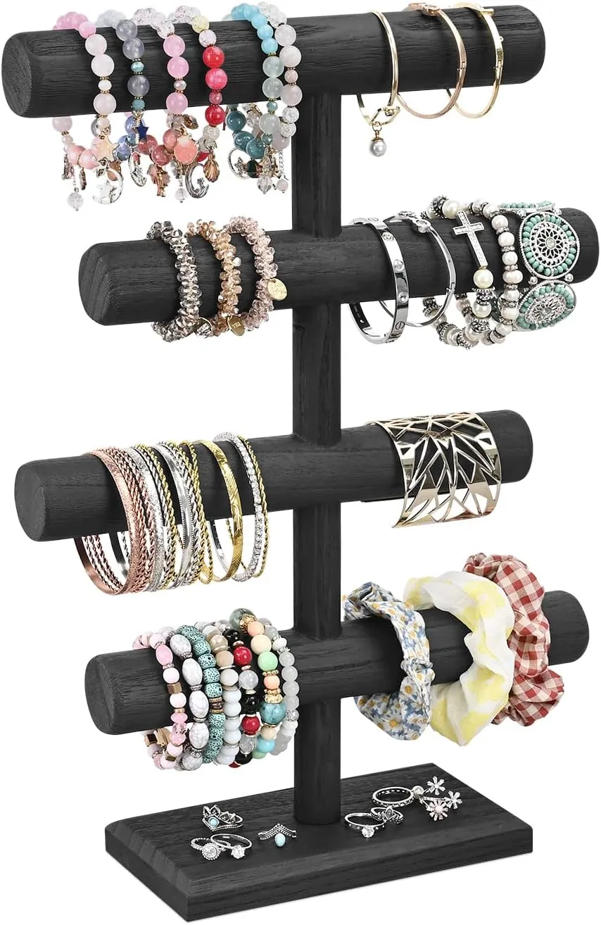 MOOCA 4-Tier Wooden Jewelry Display, Jewelry Stand, Bracelets, Necklaces, Watches, Bangles Holder Stand, Accessory Display Storage Organizer, Black Color