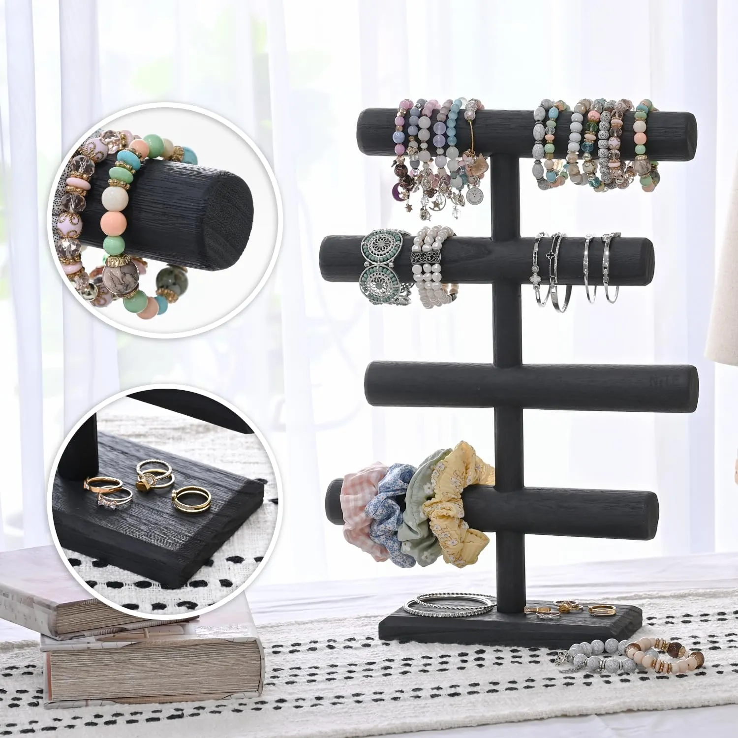 MOOCA 4-Tier Wooden Jewelry Display, Jewelry Stand, Bracelets, Necklaces, Watches, Bangles Holder Stand, Accessory Display Storage Organizer, Black Color