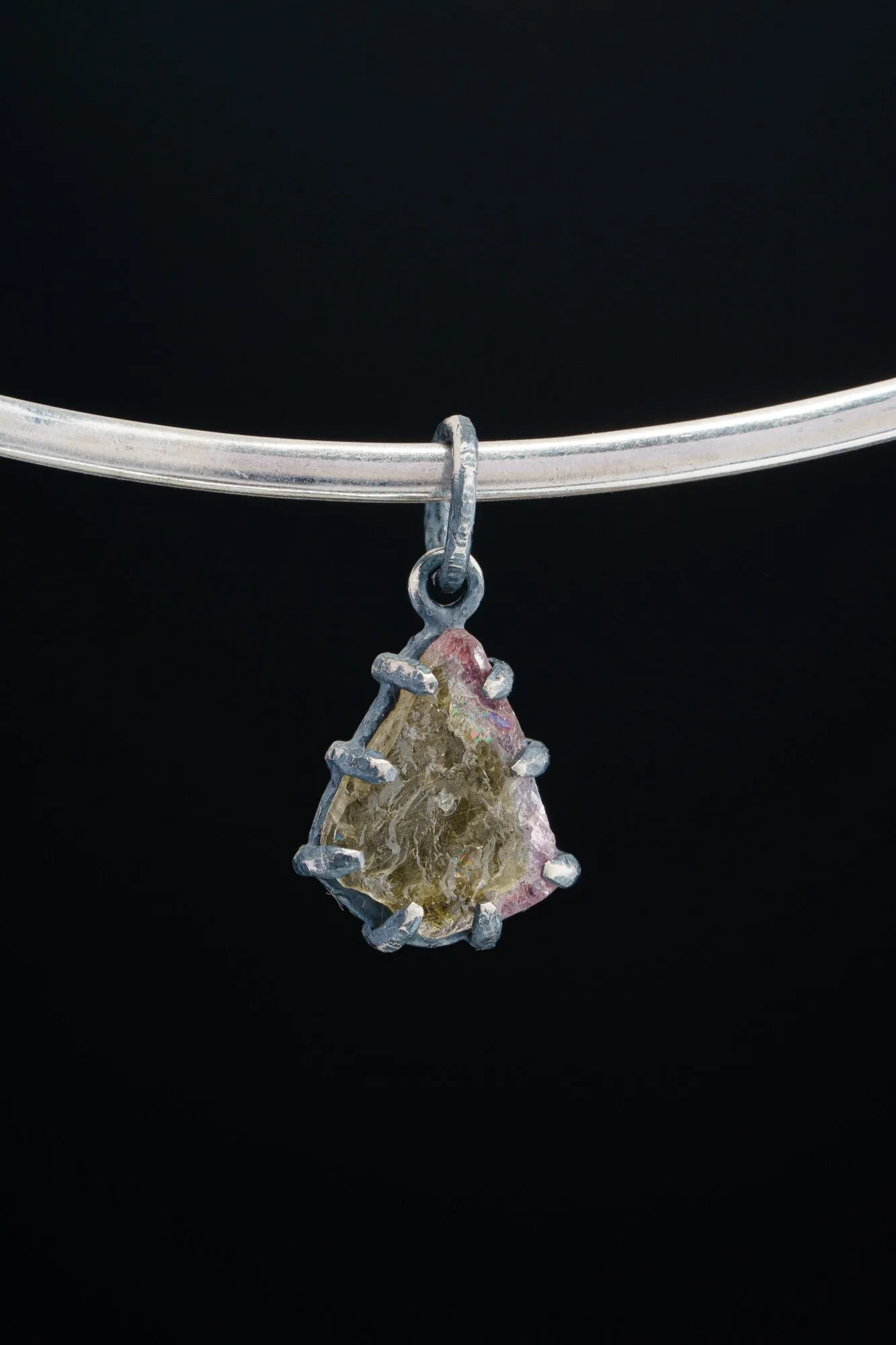 Mostly Green Gemmy Watermelon Tourmaline - Oxidised Sterling Silver - Strong Claw Wire Setting  - Hammer Textured - Pendant Crystal Necklace