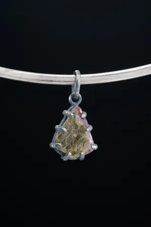 Mostly Green Gemmy Watermelon Tourmaline - Oxidised Sterling Silver - Strong Claw Wire Setting  - Hammer Textured - Pendant Crystal Necklace