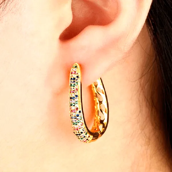 Multi Colored Pave Rhinestone Bucket Gold Hoop Earrings