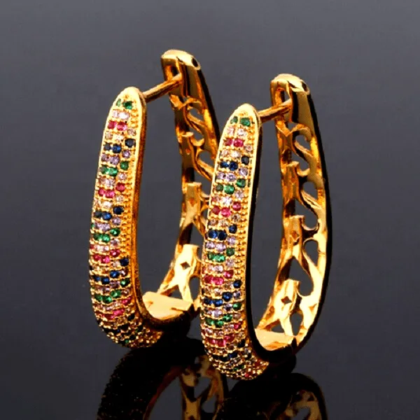 Multi Colored Pave Rhinestone Bucket Gold Hoop Earrings