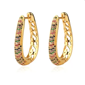 Multi Colored Pave Rhinestone Bucket Gold Hoop Earrings