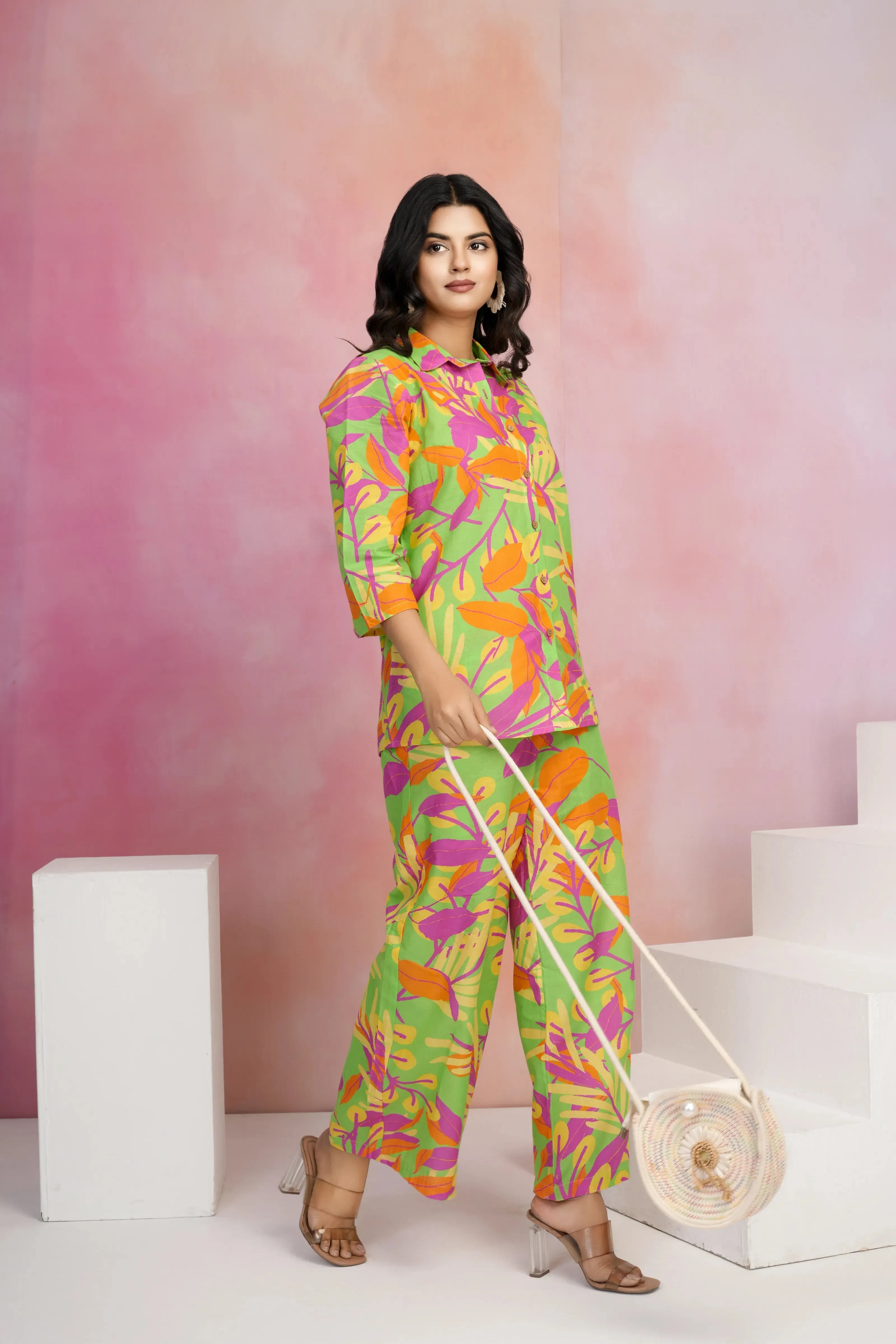Multicolor Printed Cotton Cambric Co-Ord Set with Wooden Buttons