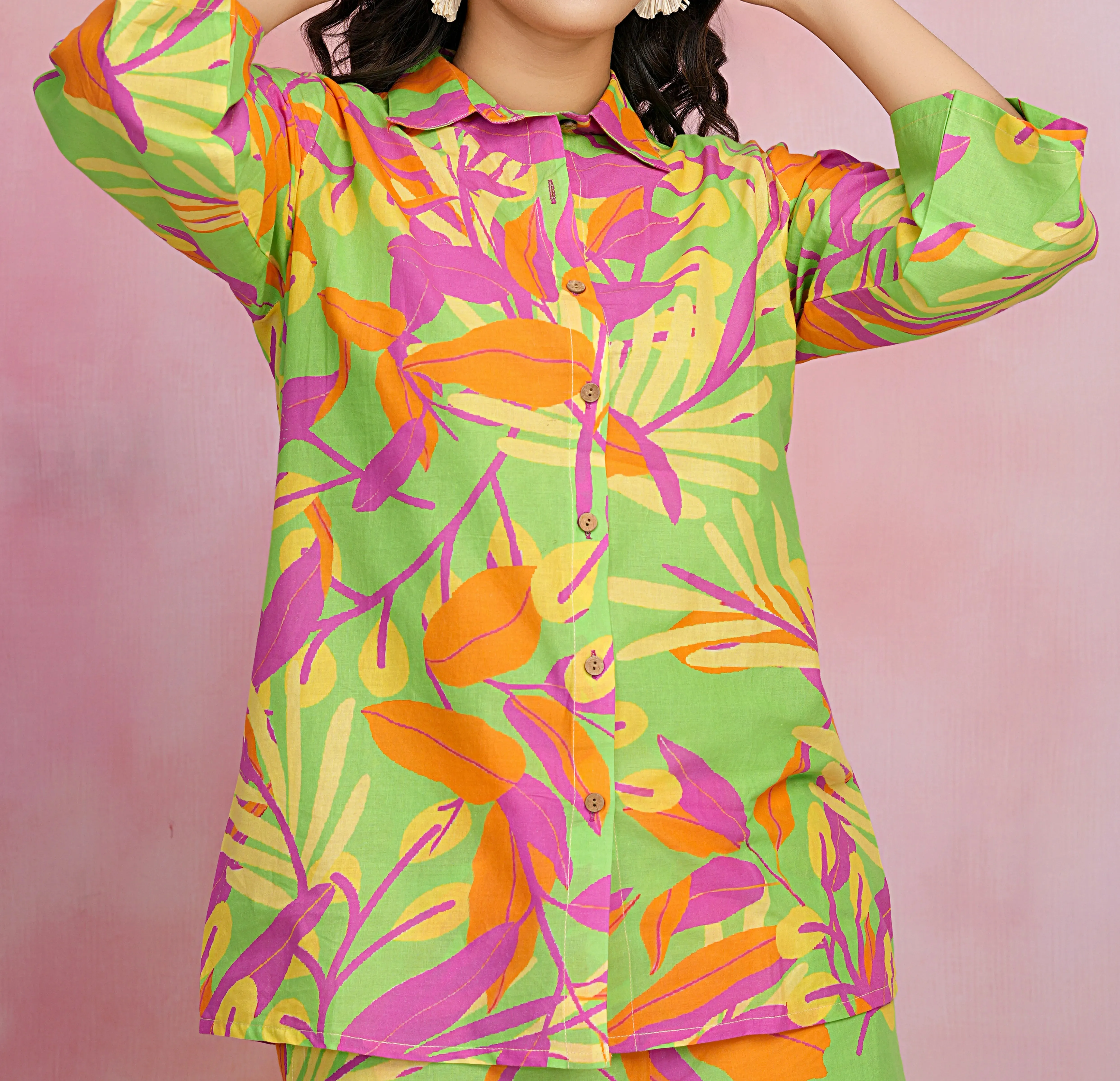 Multicolor Printed Cotton Cambric Co-Ord Set with Wooden Buttons