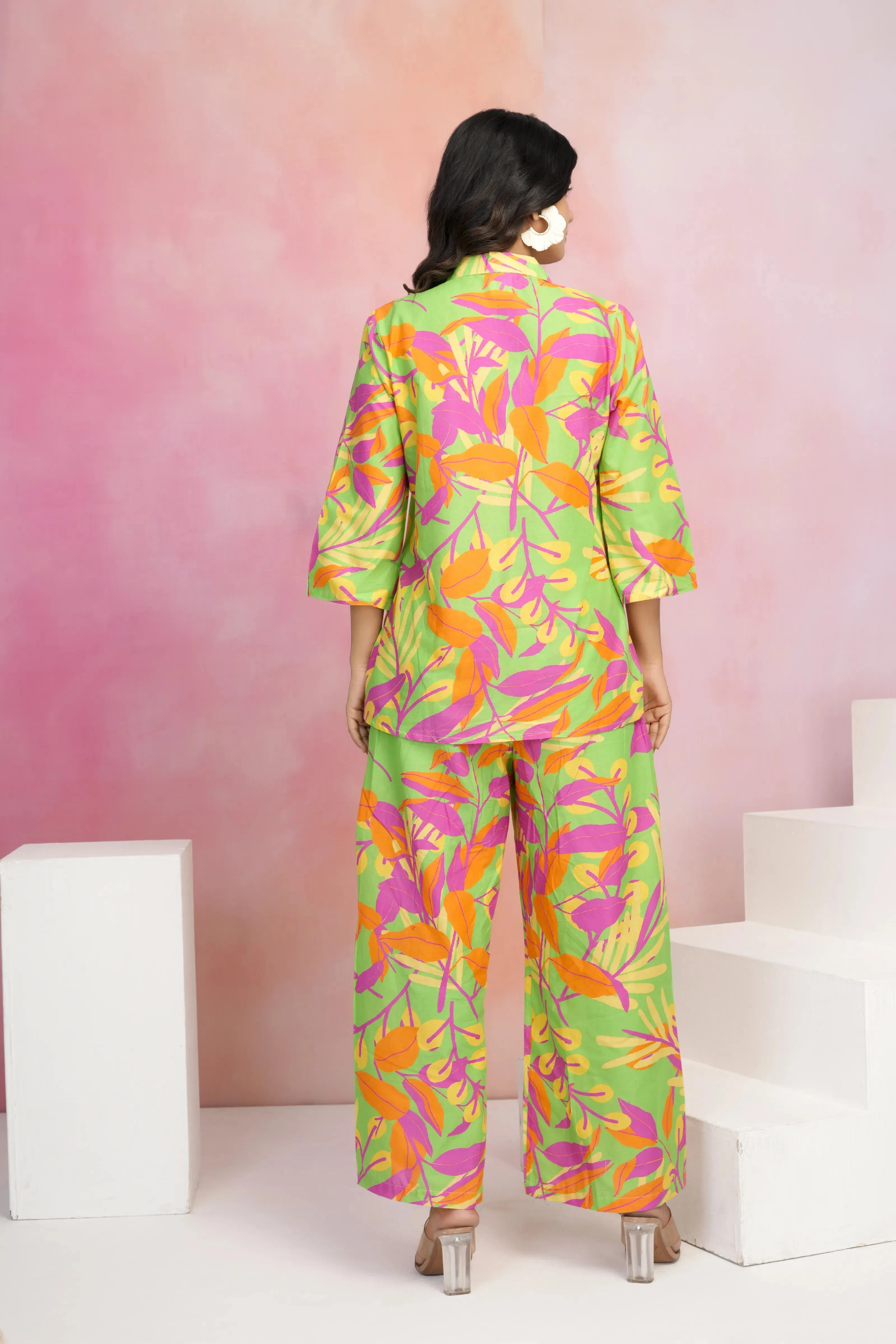 Multicolor Printed Cotton Cambric Co-Ord Set with Wooden Buttons