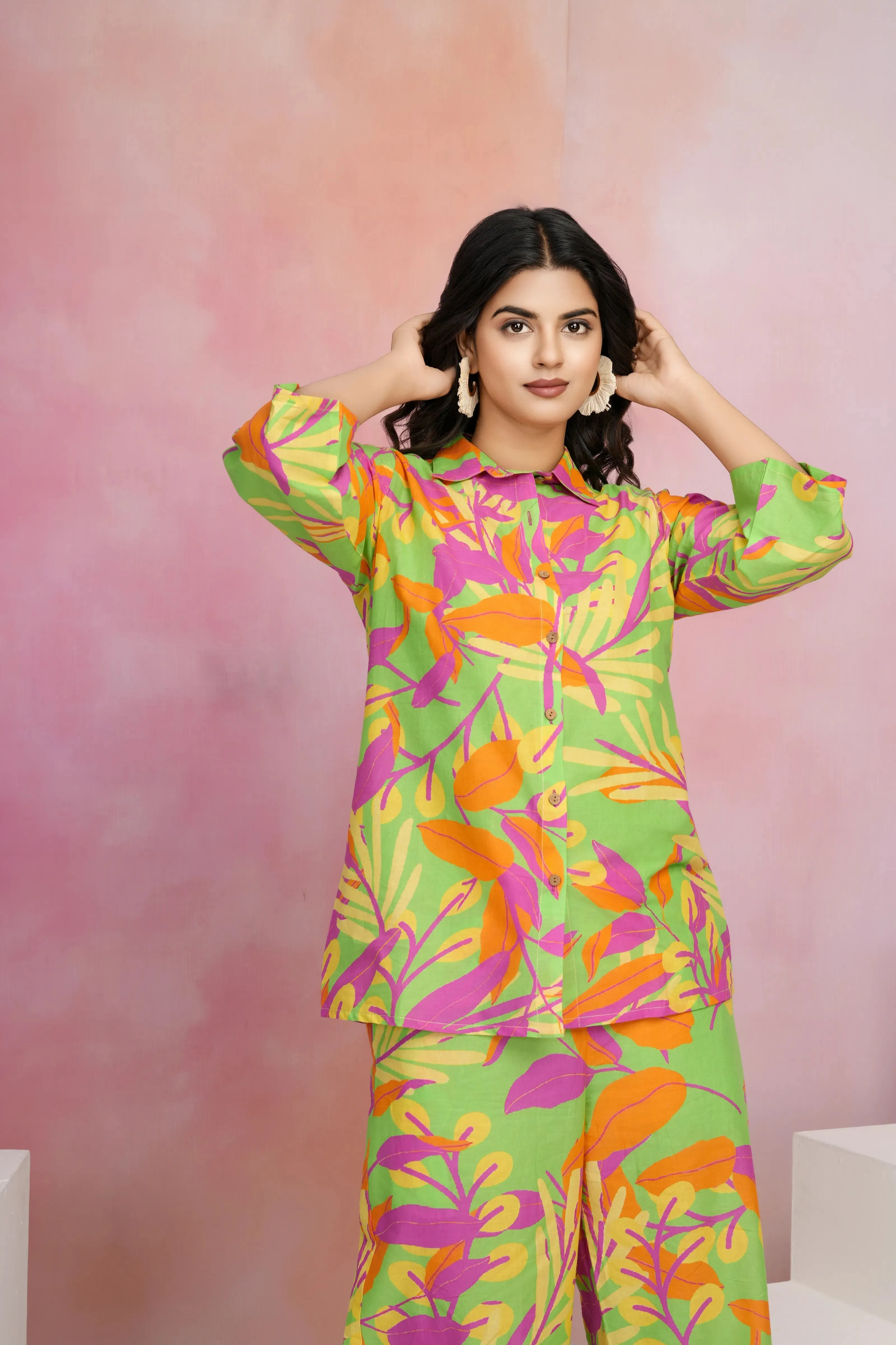 Multicolor Printed Cotton Cambric Co-Ord Set with Wooden Buttons