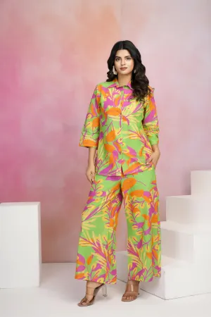 Multicolor Printed Cotton Cambric Co-Ord Set with Wooden Buttons