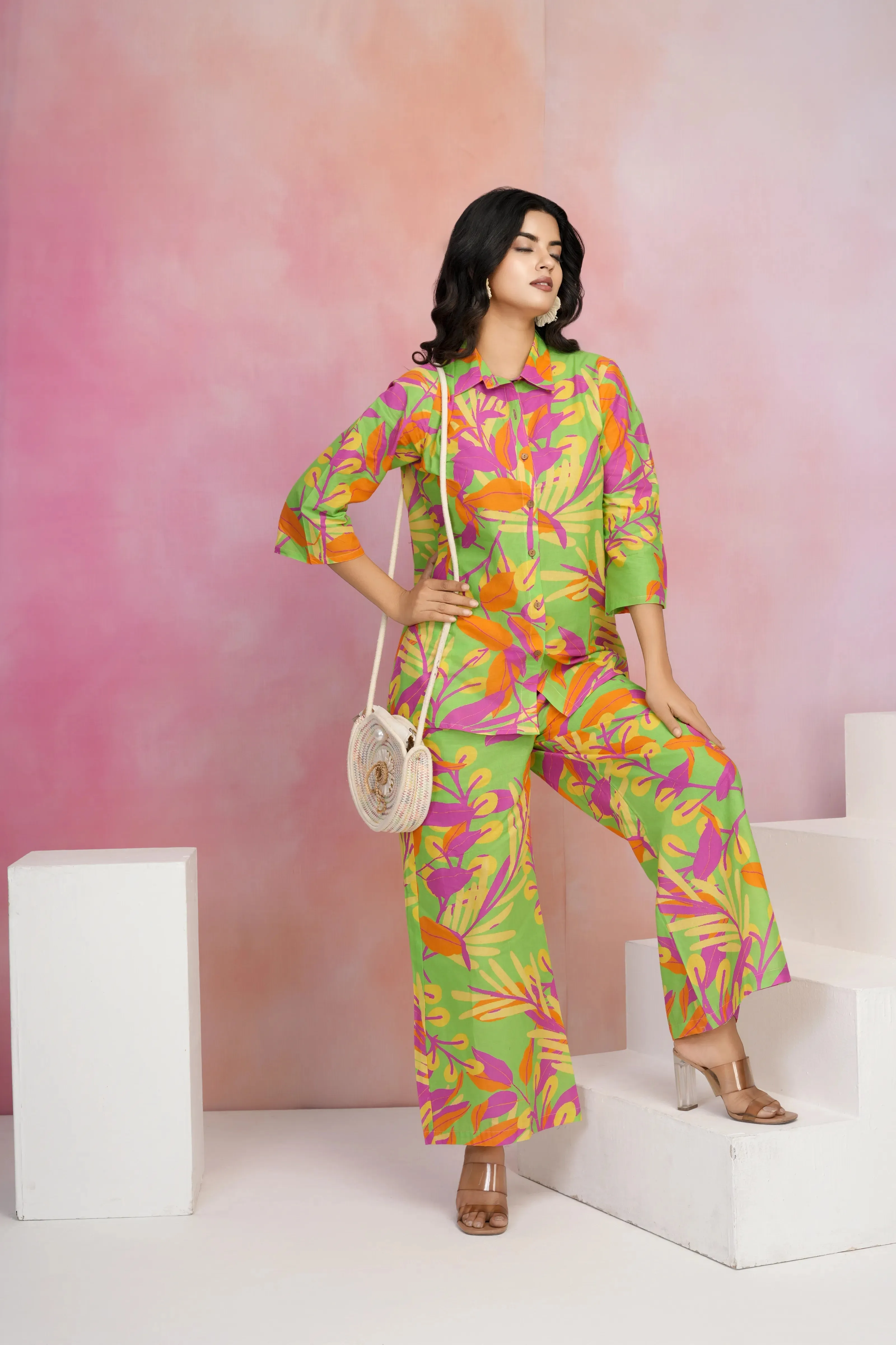 Multicolor Printed Cotton Cambric Co-Ord Set with Wooden Buttons