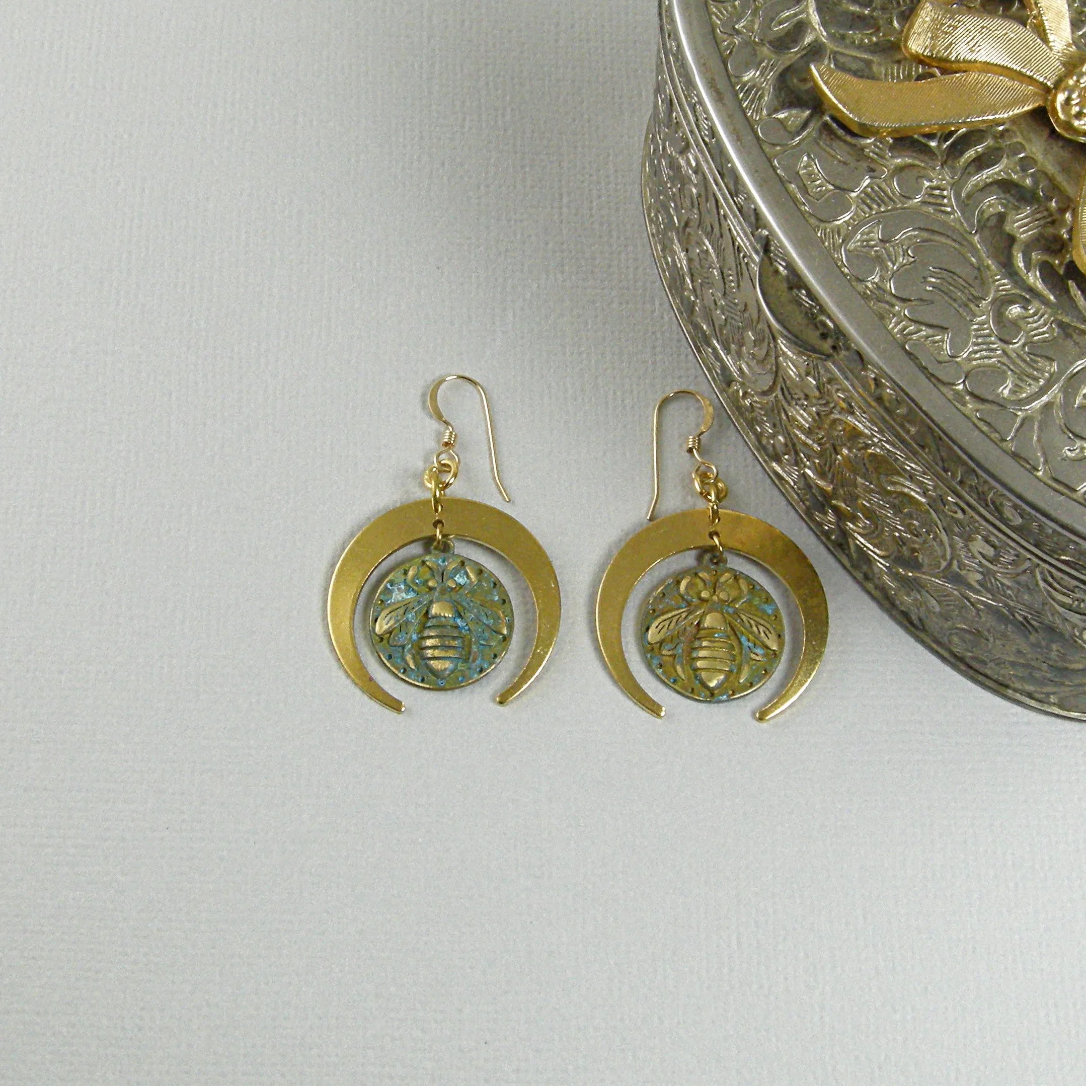Patina Bee Earrings, Gold Earrings, Patina Earrings