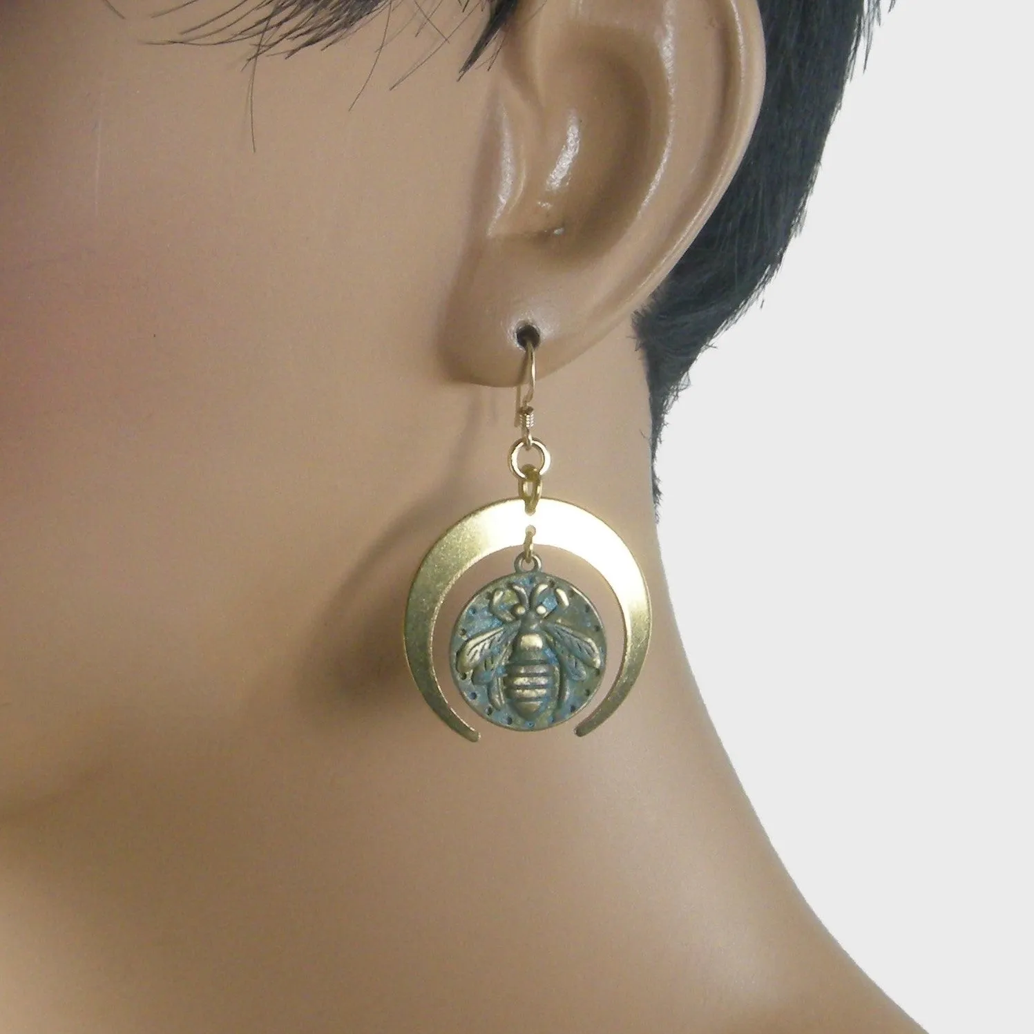 Patina Bee Earrings, Gold Earrings, Patina Earrings