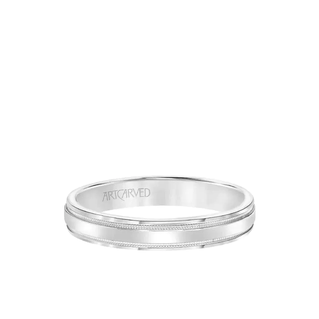 PERFECTION 14k White Gold Wedding Band Flat Brushed Finish with Dual Milgrain Rolled Edges by Artcarved - 4mm, 5.5mm, & 7.5mm